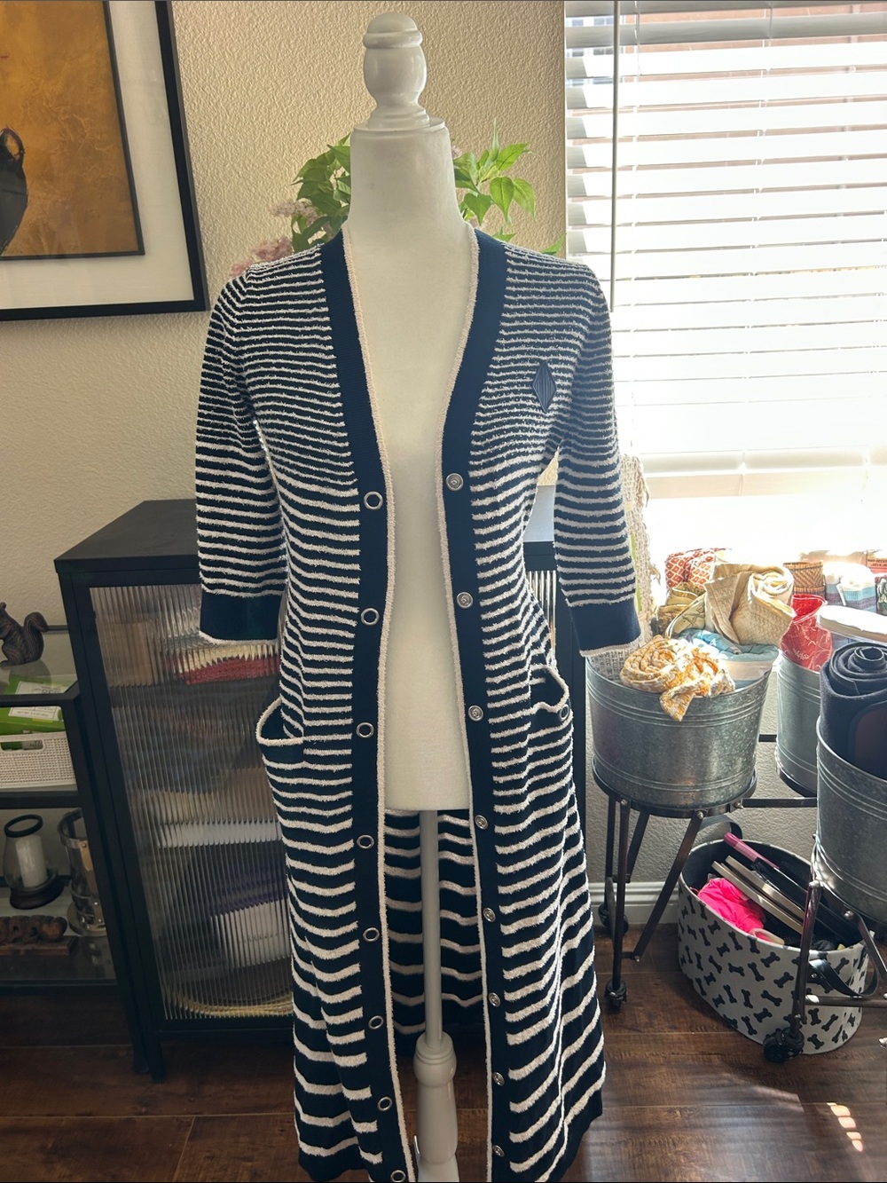 Maje Navy and White Striped Long Button-Front Cardigan